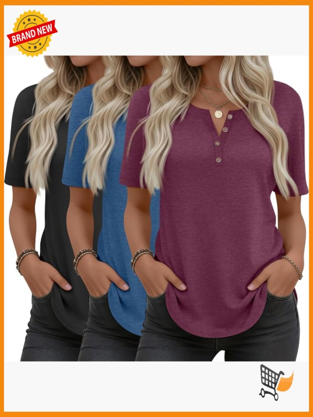 3 Pack Women's Henley T Shirts Curved Hem Crew Neck Short Sleeve Loose Fit